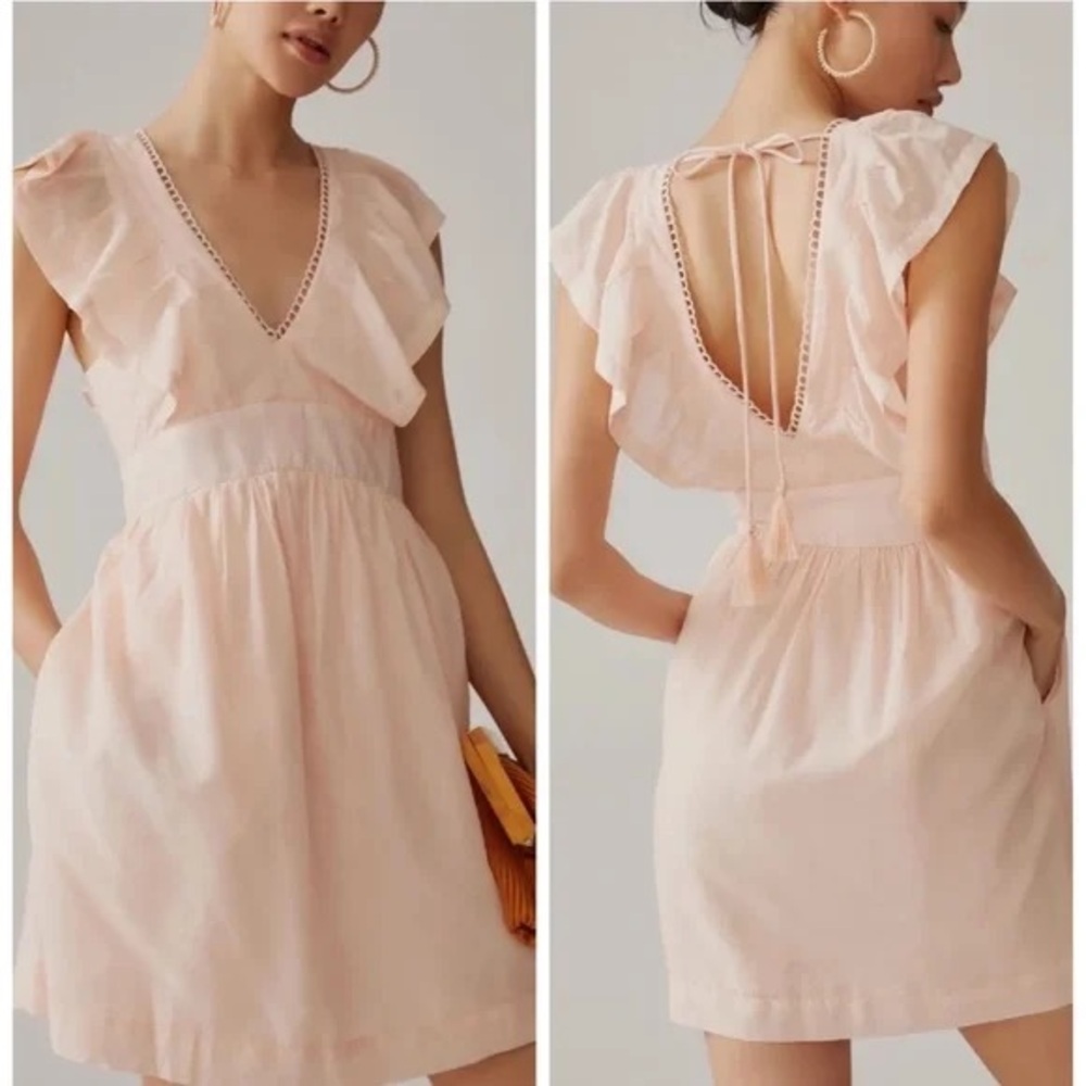 Anthropologie Pink Ruffle V-Neck Tassel Tie Dress Size M